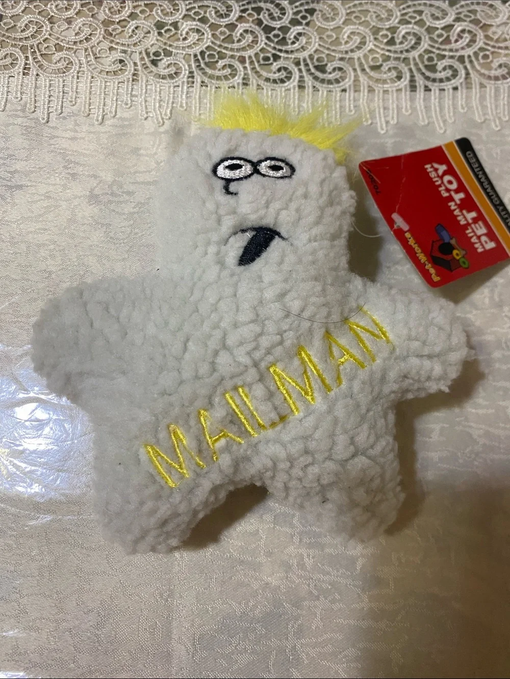 PET TOY Mailman Plush Dog Toy - White with Yellow Accents